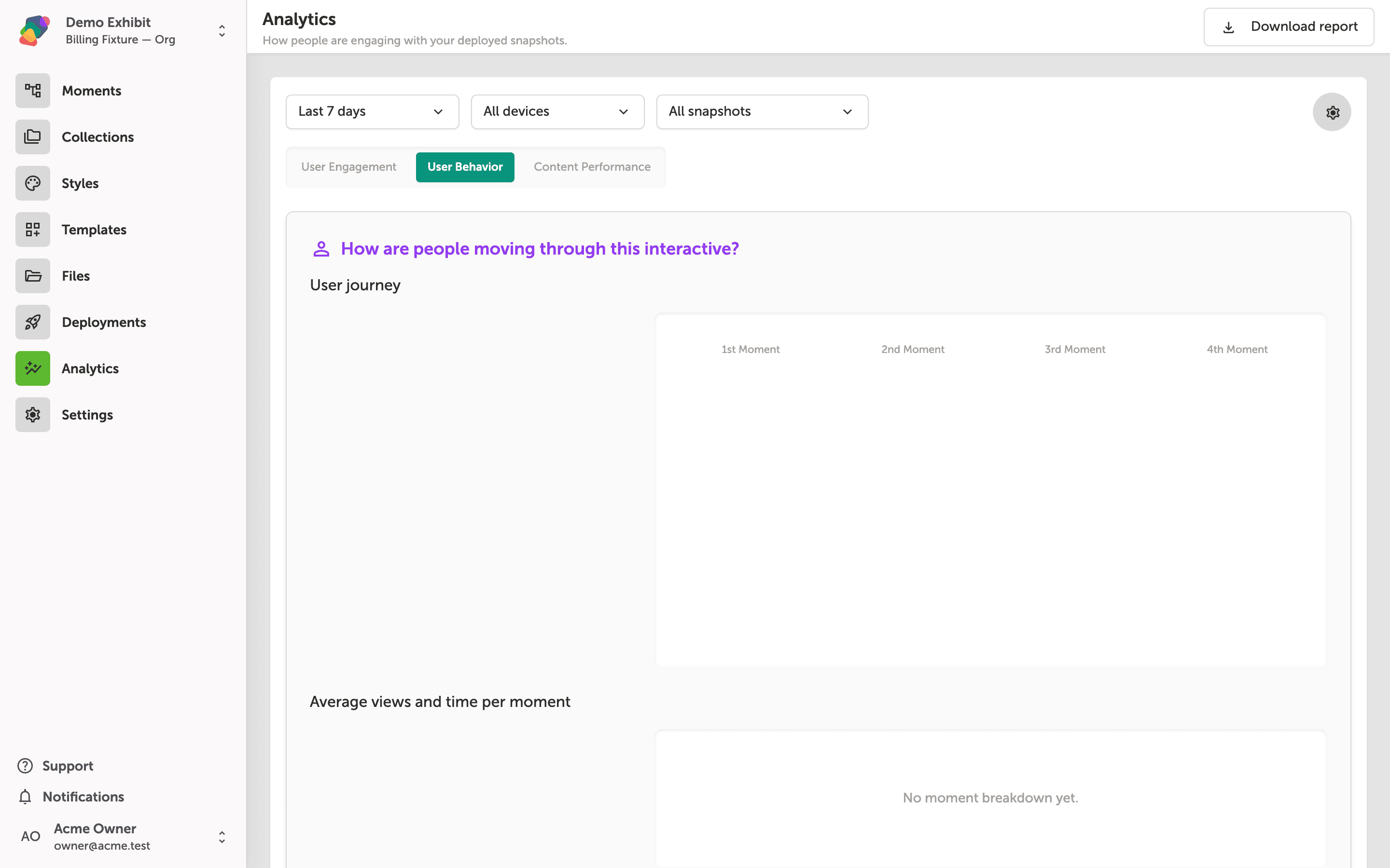 The Analytics page with the User Behavior tab selected, showing a user journey map with columns for 1st through 4th Moment, and a table below listing the Welcome moment with 3 views and an average time of 2 minutes 30 seconds