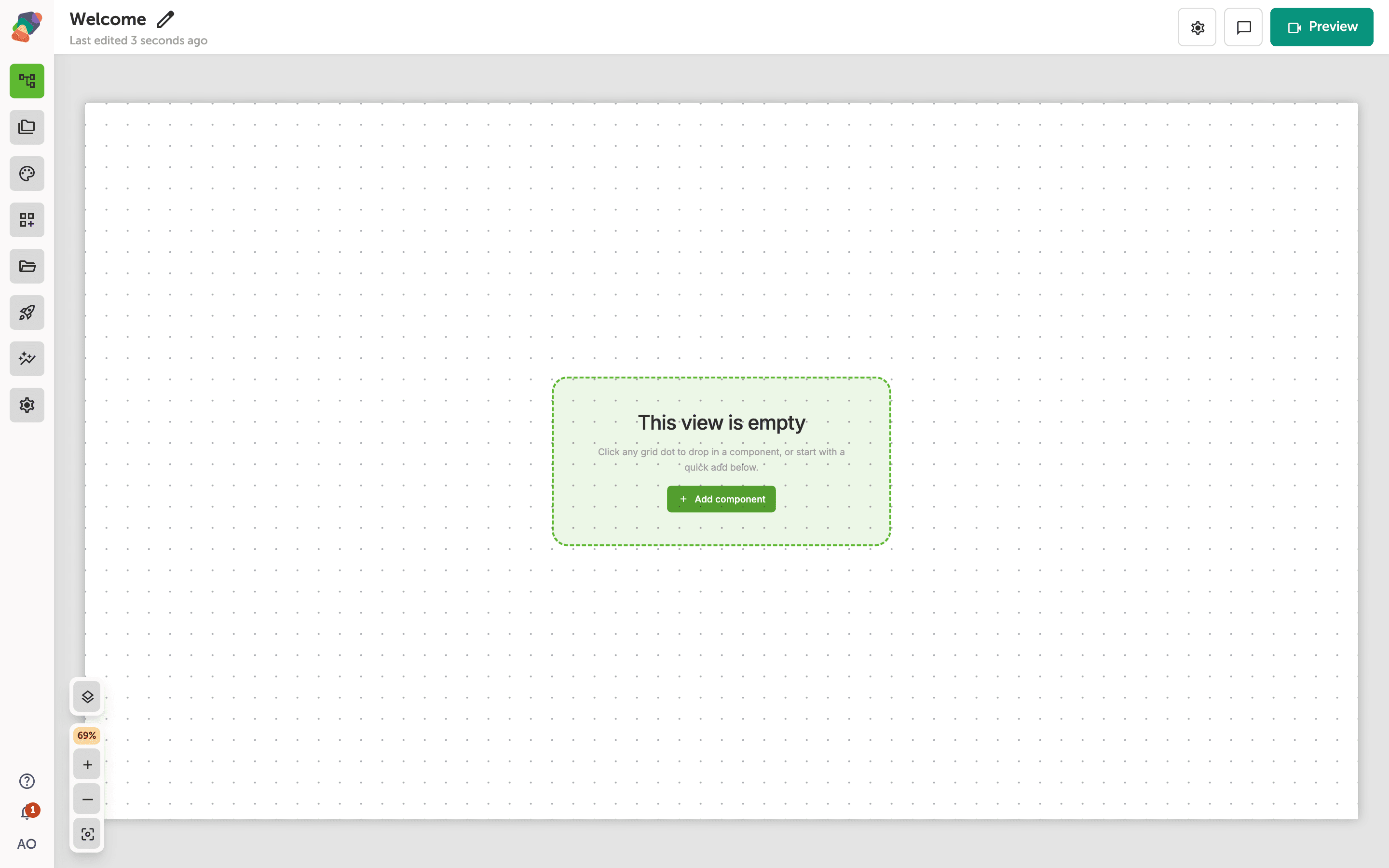 The Zibit view editor canvas showing the dotted-grid surface with the Layers toggle button visible in the bottom-left toolbar