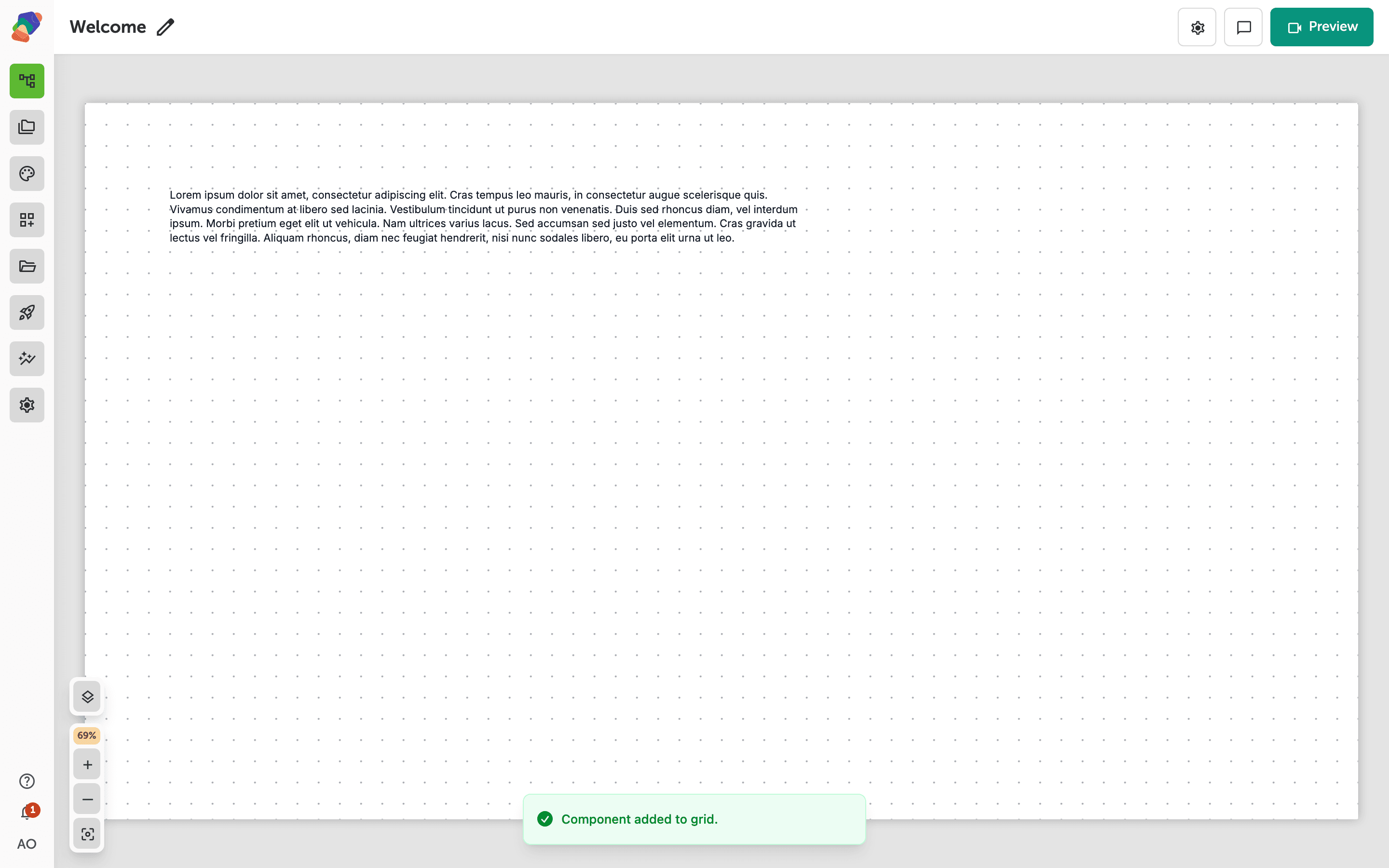 The view editor canvas with a Text component placed on the grid, showing the blue selection border and resize handles