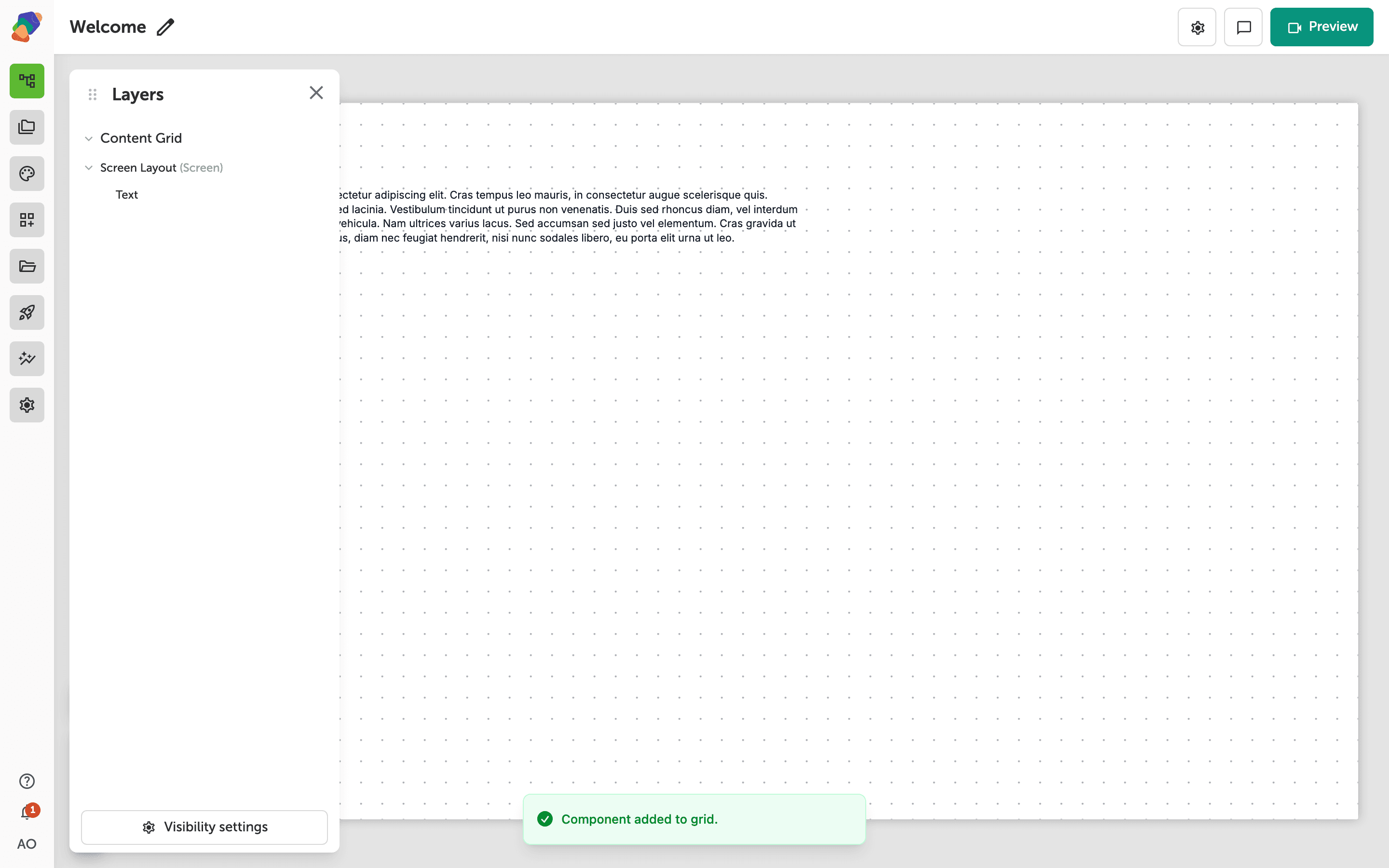 The Layers panel open on the left side of the view editor, showing a component tree organized into Sticky Grid and Content Grid sections