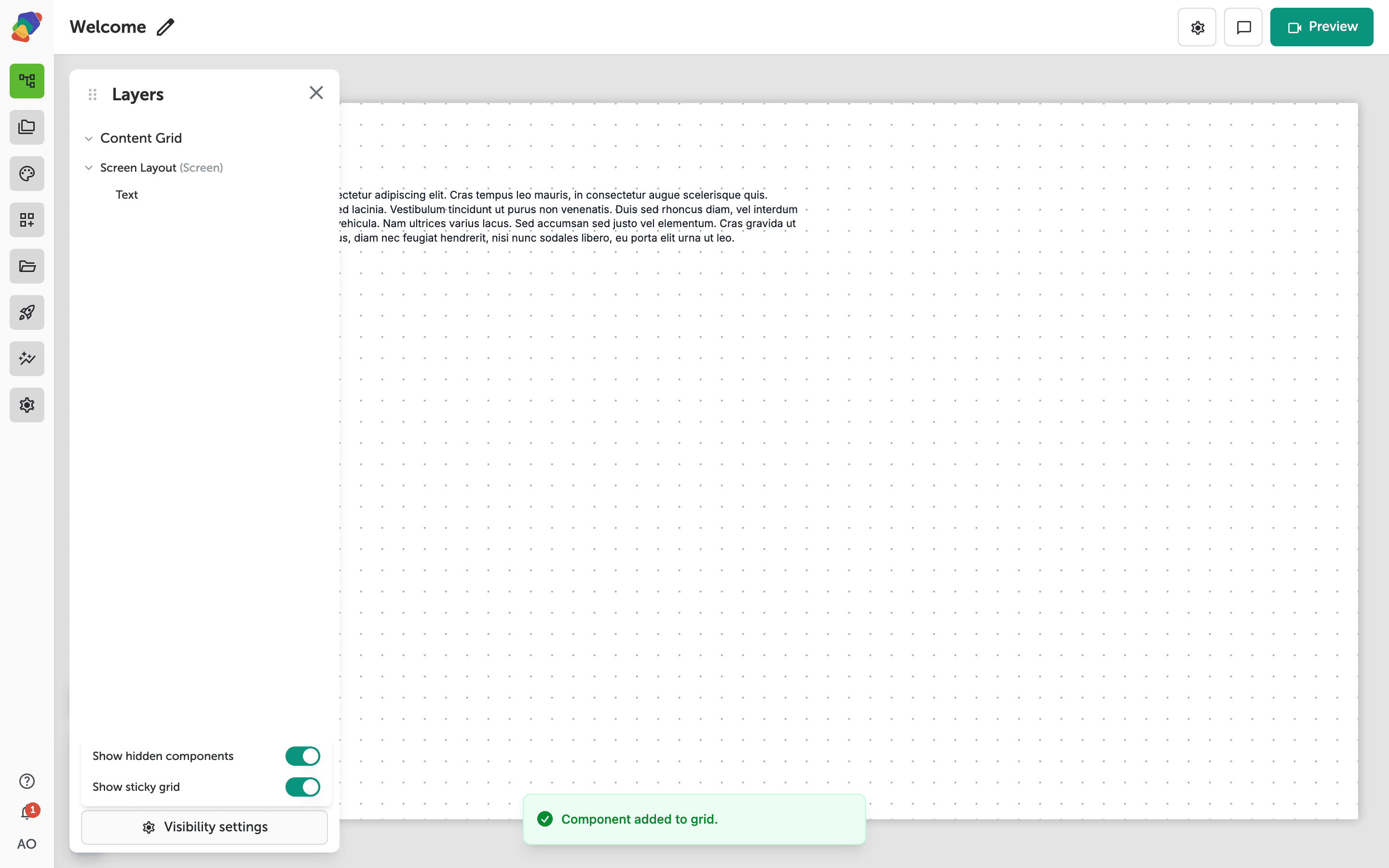 The Visibility settings dropdown open at the bottom of the Layers panel, showing toggles for Show hidden components and Show sticky grid