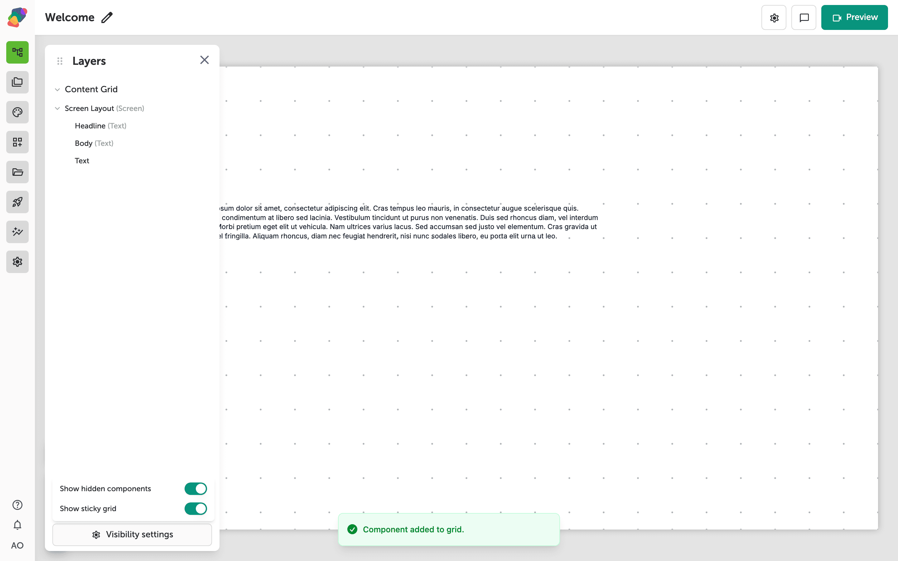 The Visibility settings dropdown open at the bottom of the Layers panel, showing toggles for Show hidden components and Show sticky grid