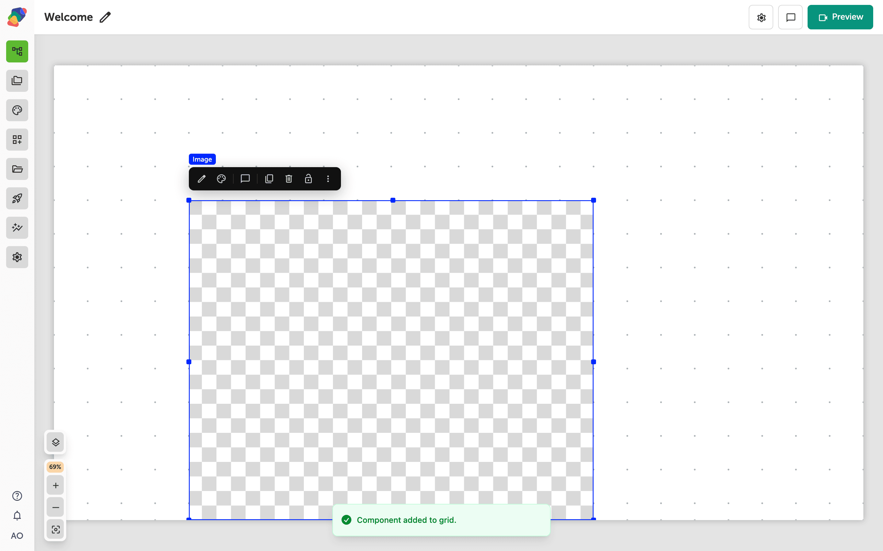 The View Editor showing an Image component placed on the canvas grid, with an Open button available to bind an image file from the project library.