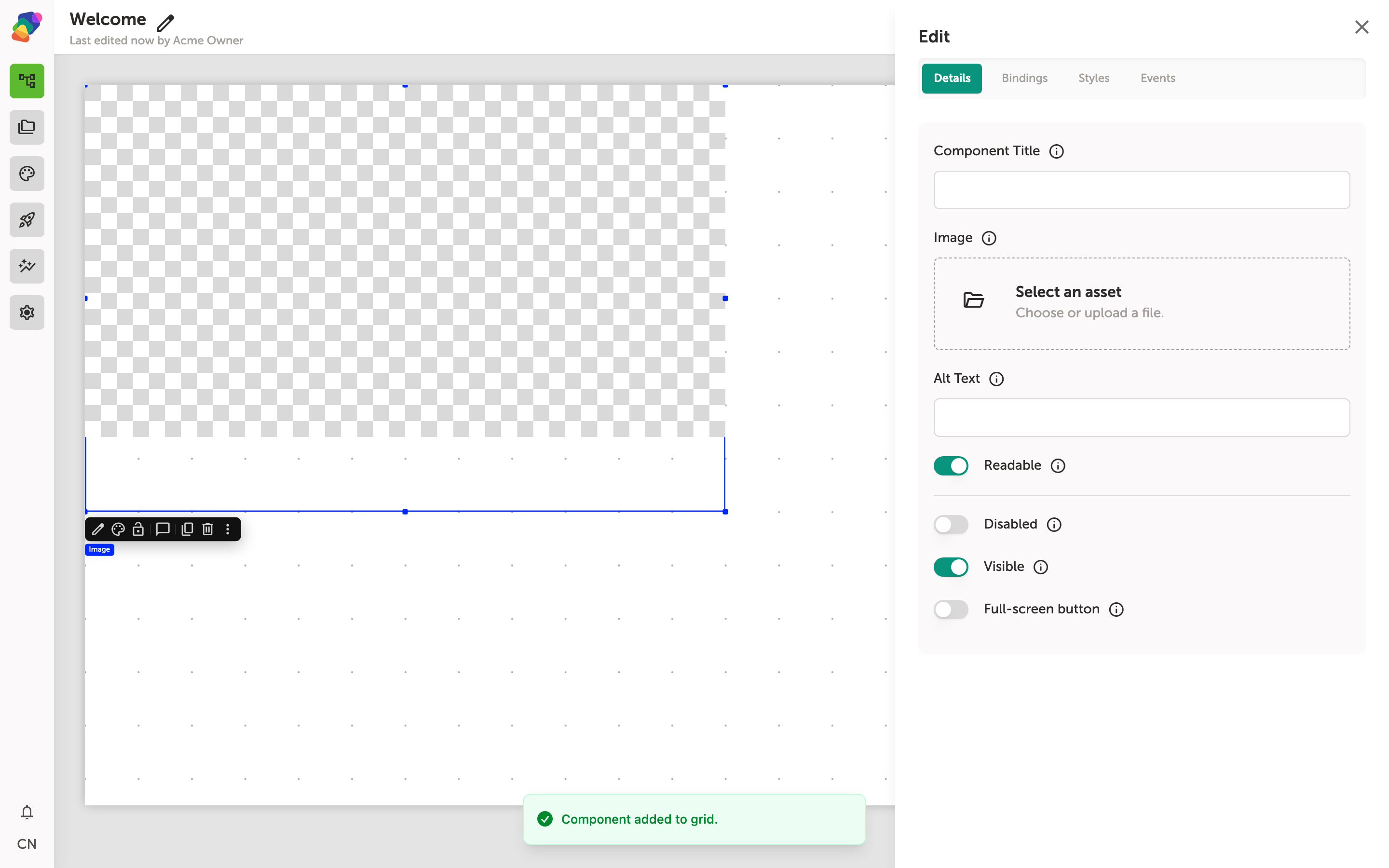 The Edit panel Details tab is open on the right side of the View Editor. The Image field is visible with an Open button to launch the asset library modal.