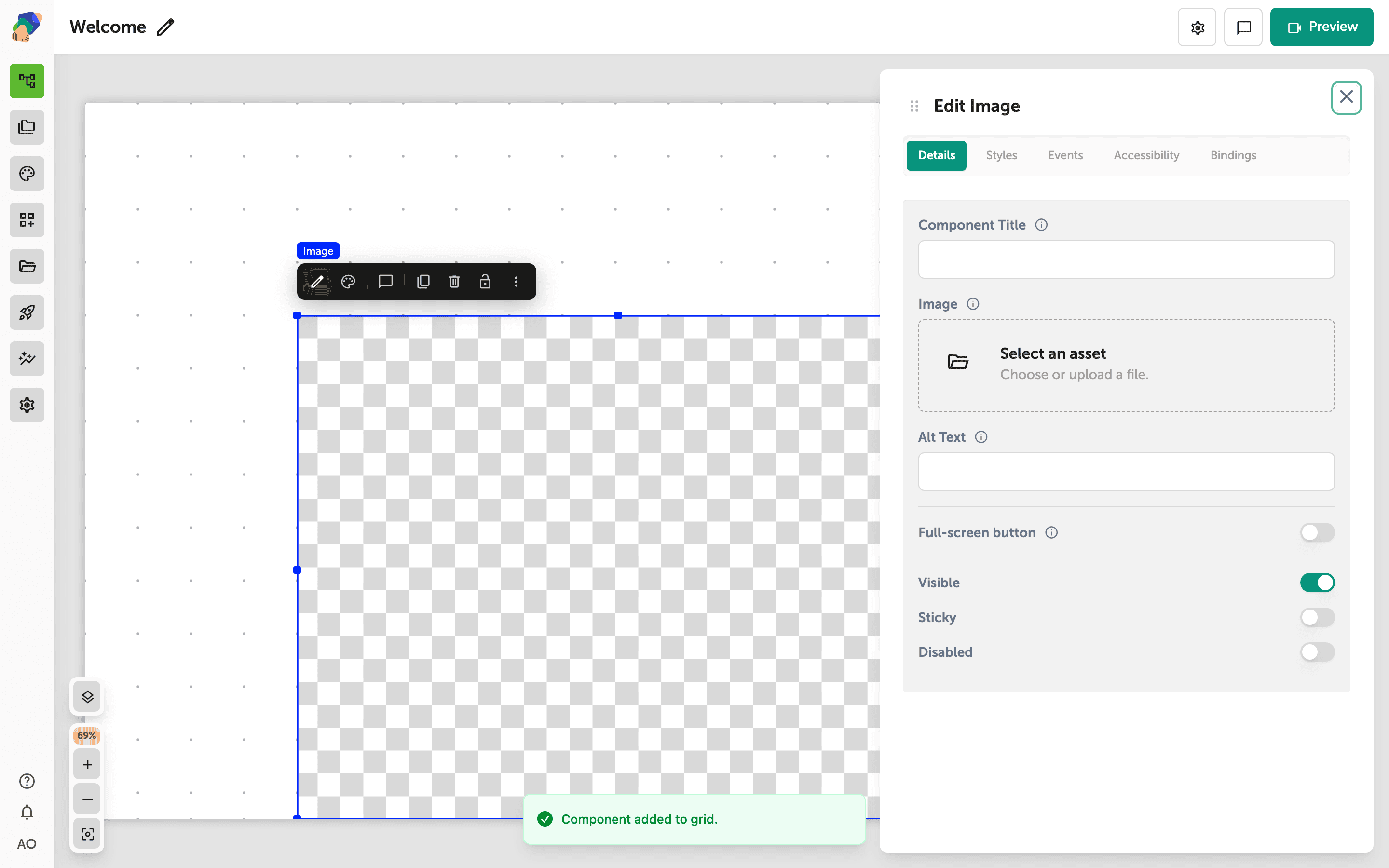 The Edit panel Details tab is open on the right side of the View Editor. The Image field is visible with an Open button to launch the asset library modal.