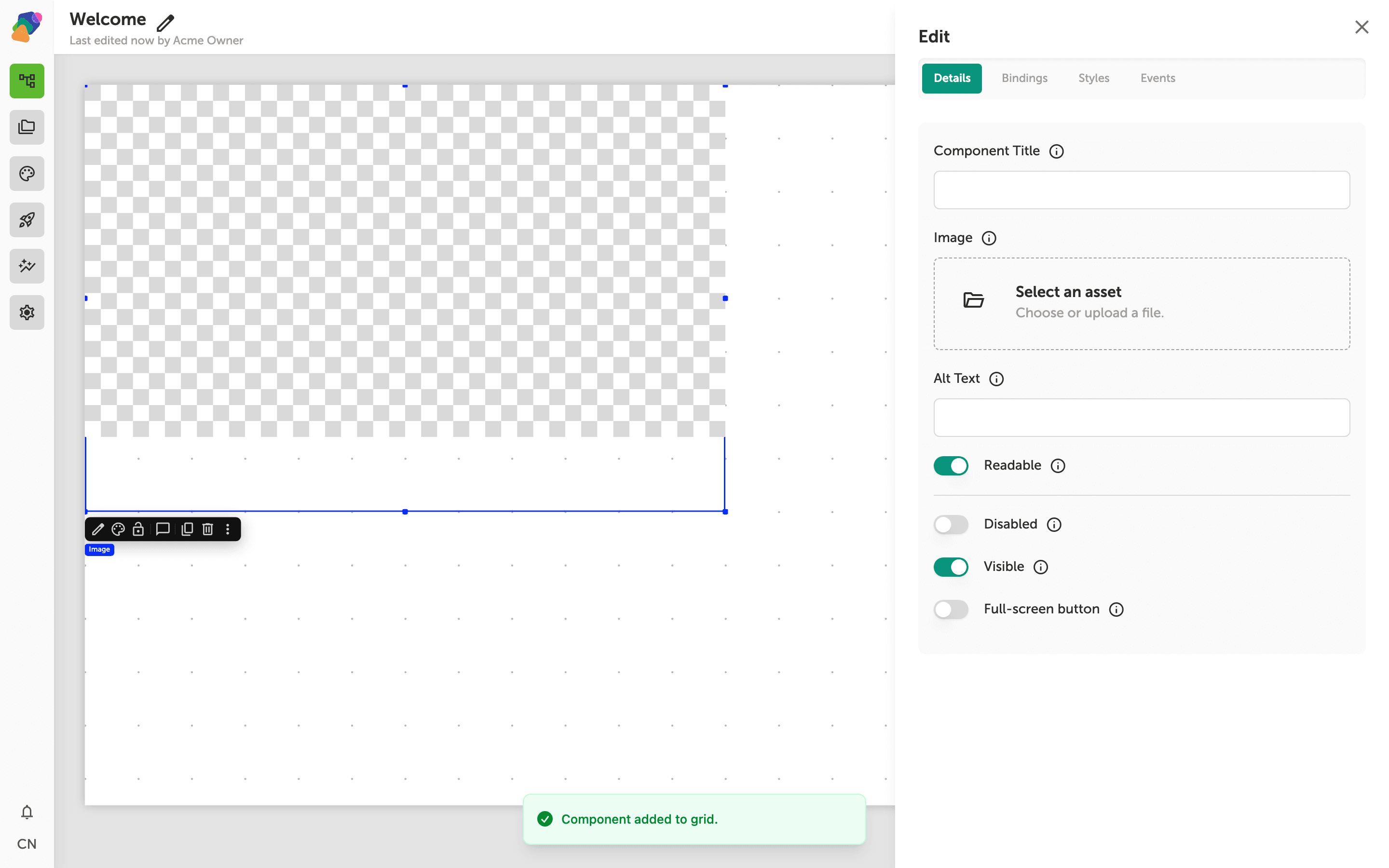 The Edit panel Details tab is open on the right side of the View Editor. The Image field is visible with an Open button to launch the asset library modal.