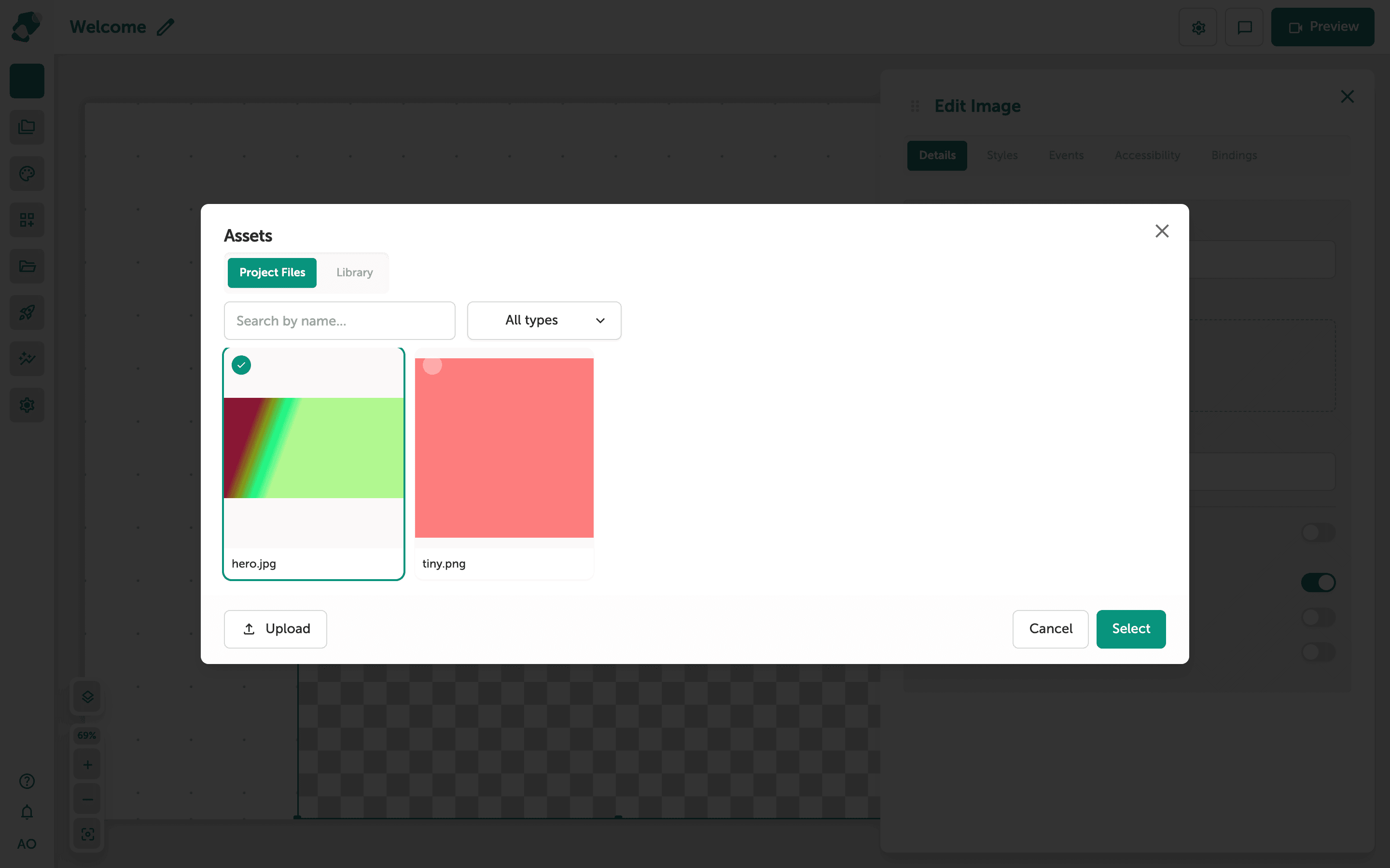 The Assets library panel open over the View Editor, showing a file selected with the Select and Cancel buttons visible at the bottom