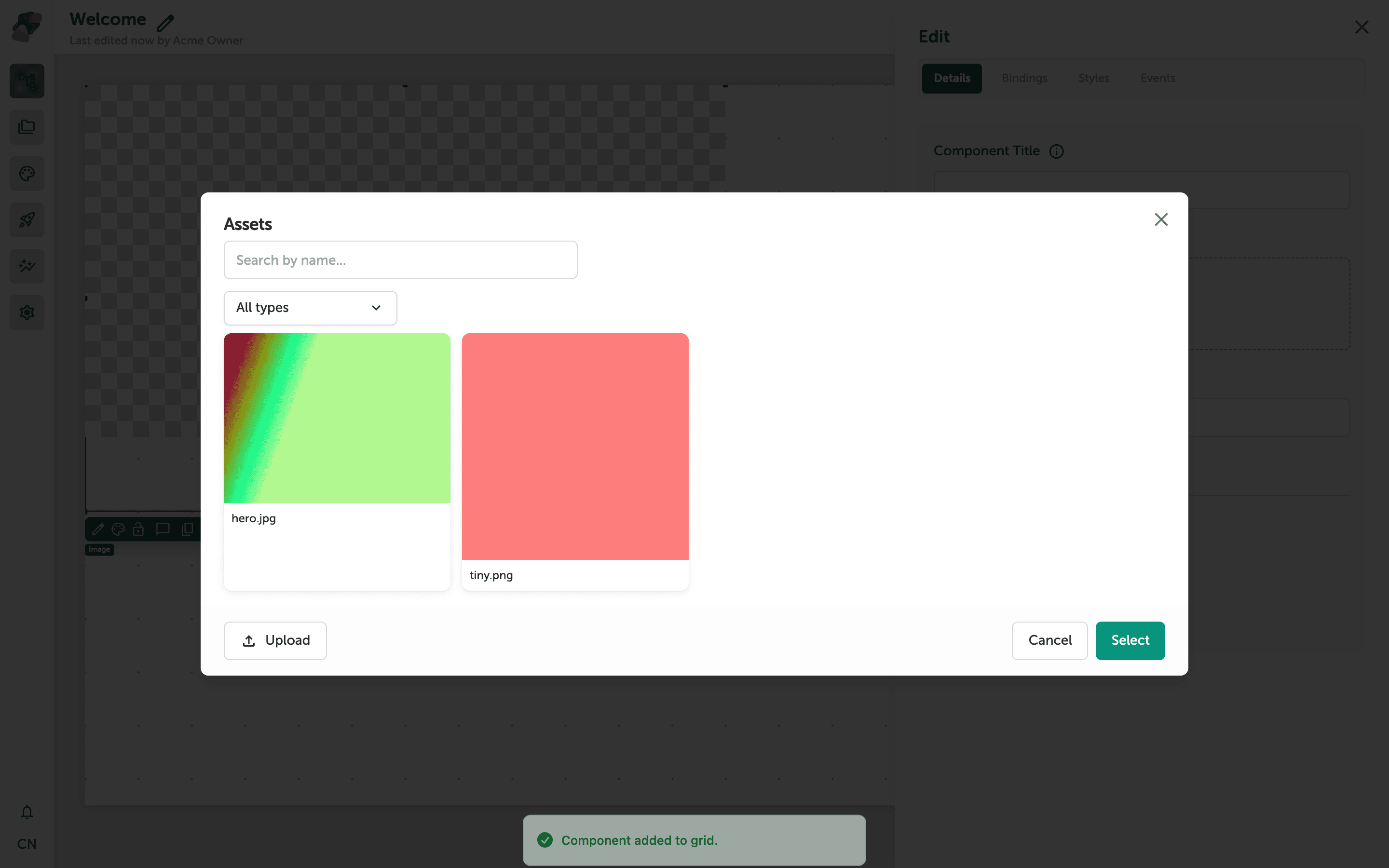 The Assets library panel open over the View Editor, showing a file selected with the Select and Cancel buttons visible at the bottom