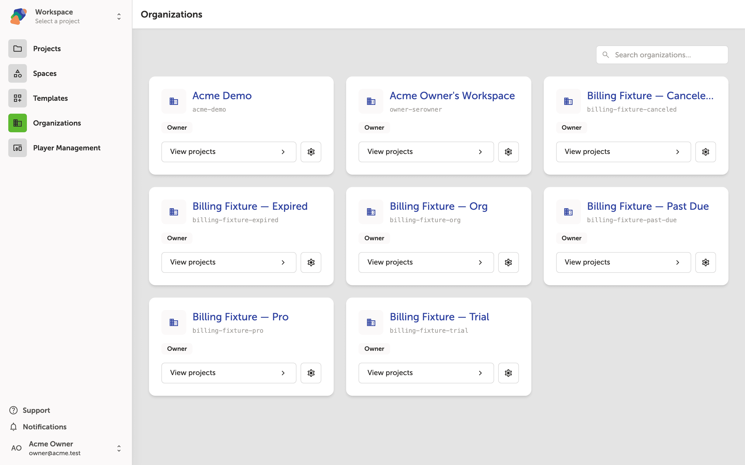 The Organizations page showing a grid of eight organization cards, each with a name, slug, owner label, a View projects button, and a settings icon