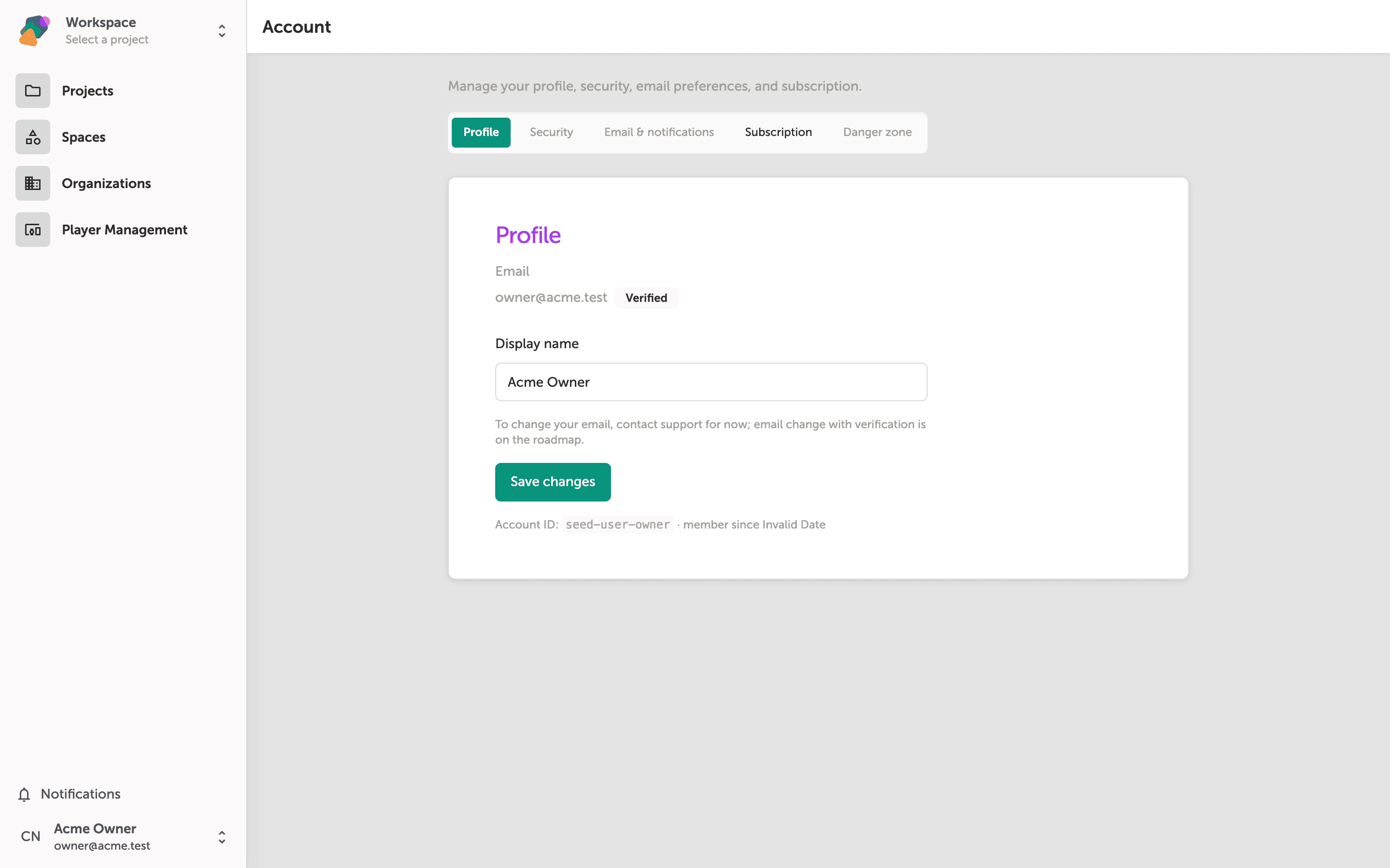 The Zibit Account settings page showing a display name field, a Save changes button, and account navigation options in the sidebar.