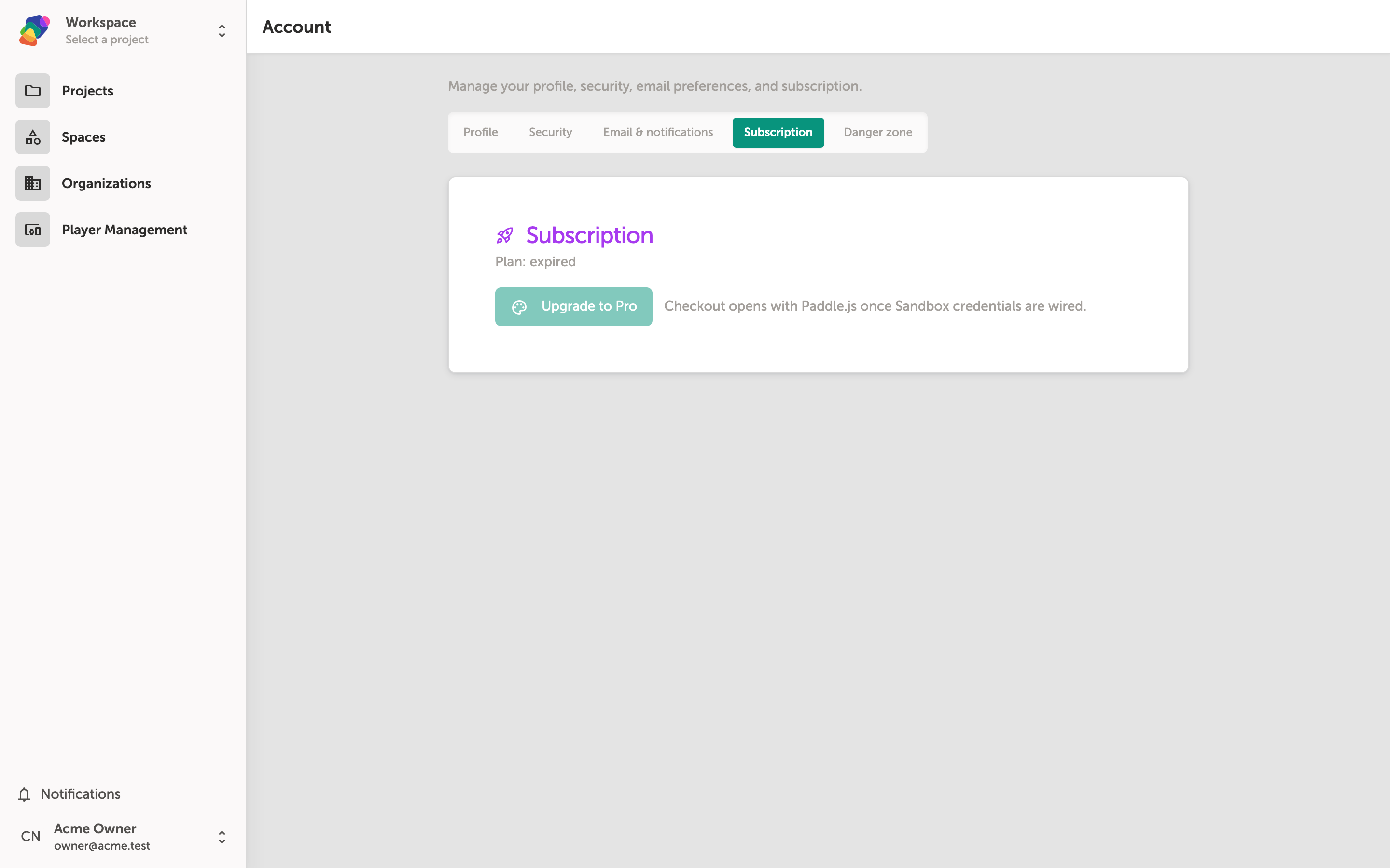 The Zibit Account page showing workspace and user details, with an Upgrade to Pro button visible in the top navigation