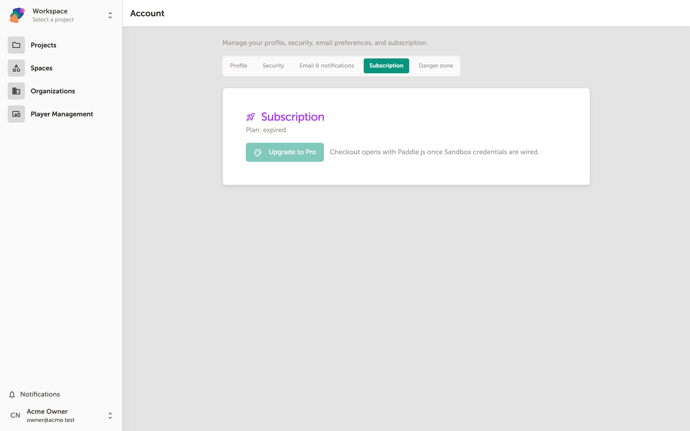 The Zibit Account page showing workspace and user details, with an Upgrade to Pro button visible in the top navigation