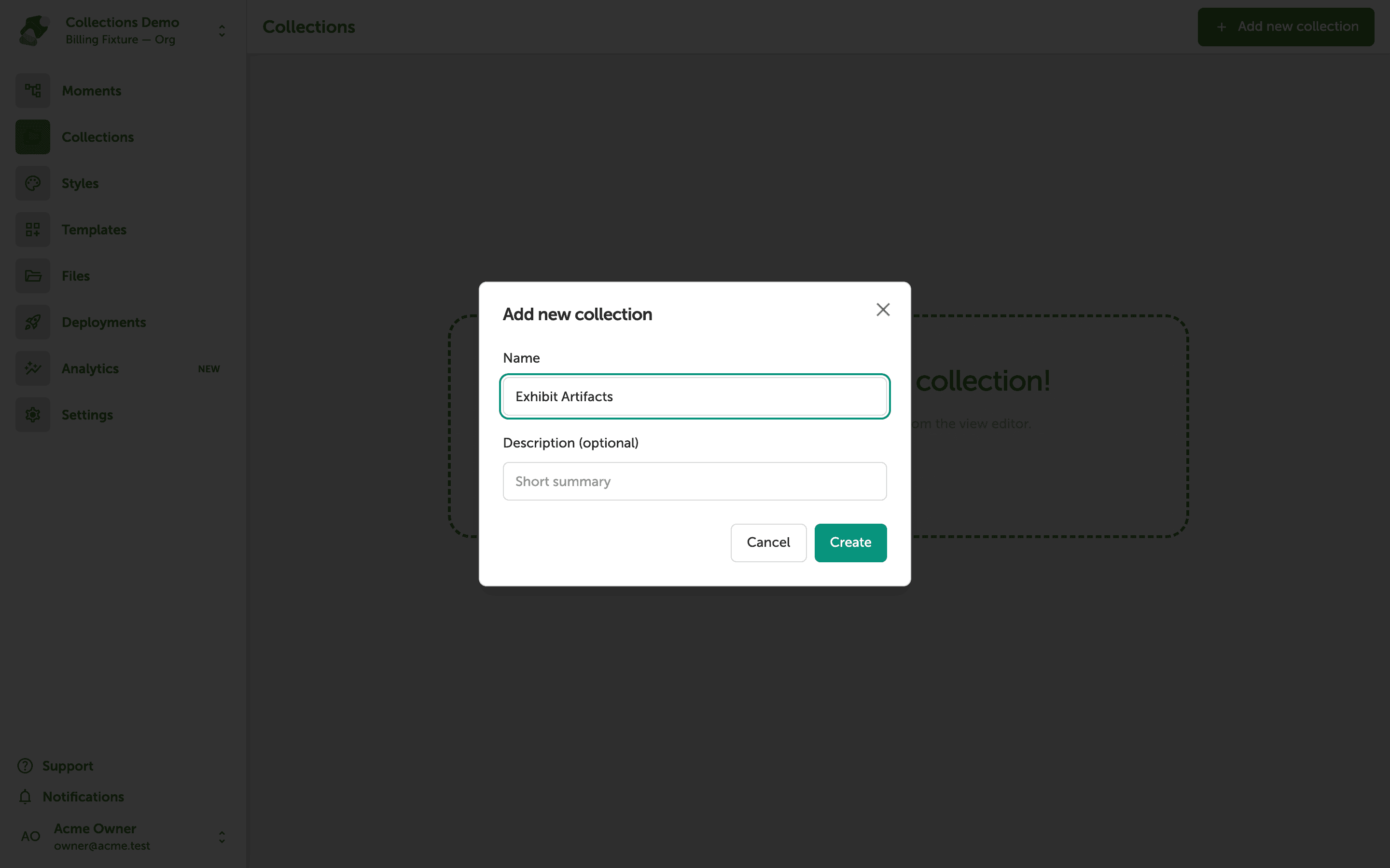 The Add new collection dialog is open over the Collections page. The Name field contains the text 'Exhibit Artifacts' and the Description field is empty. Cancel and Create buttons appear at the bottom.