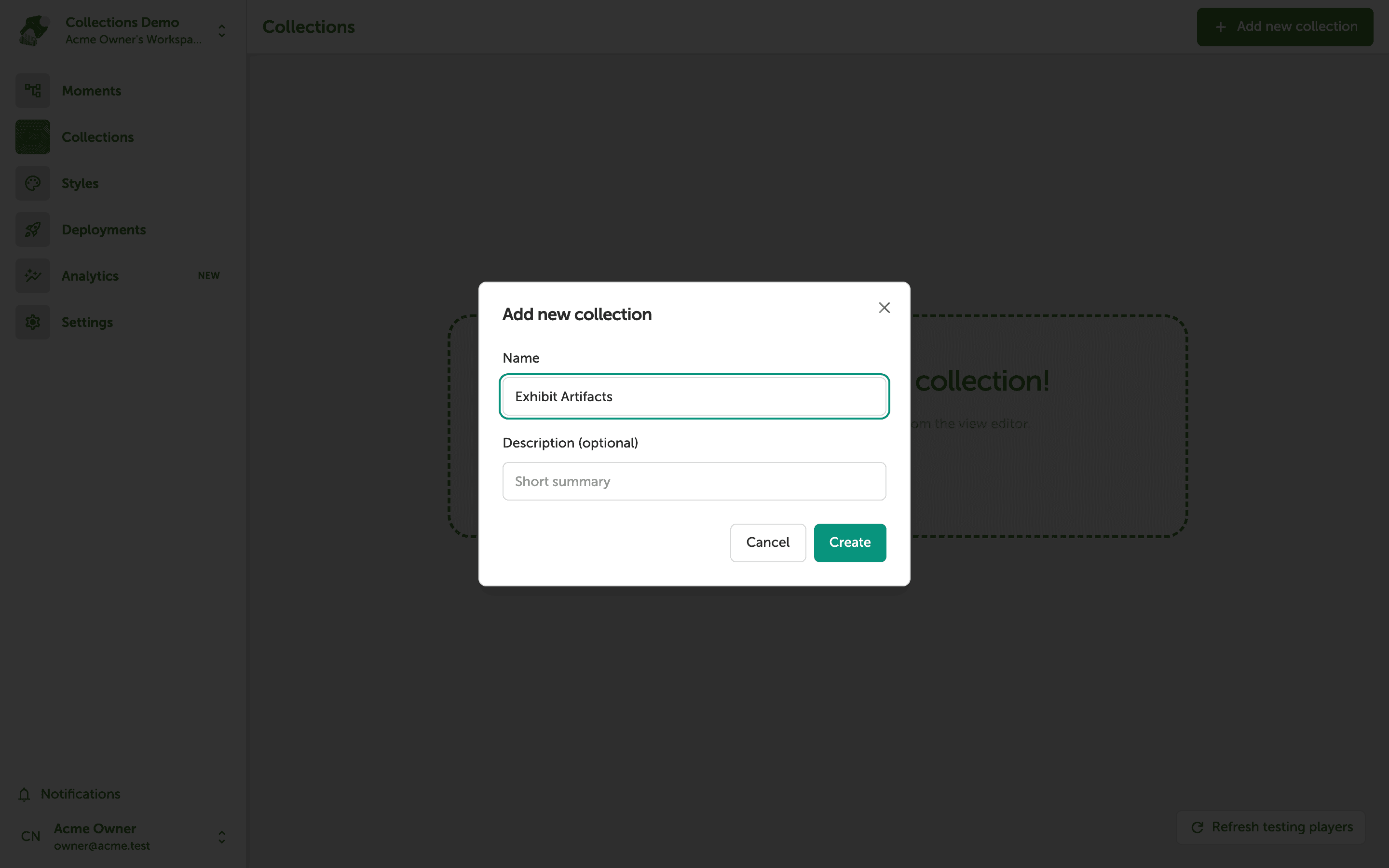 The Add new collection dialog box is open on the Collections page, showing a Name field and an optional Description field, with Cancel and Create buttons.