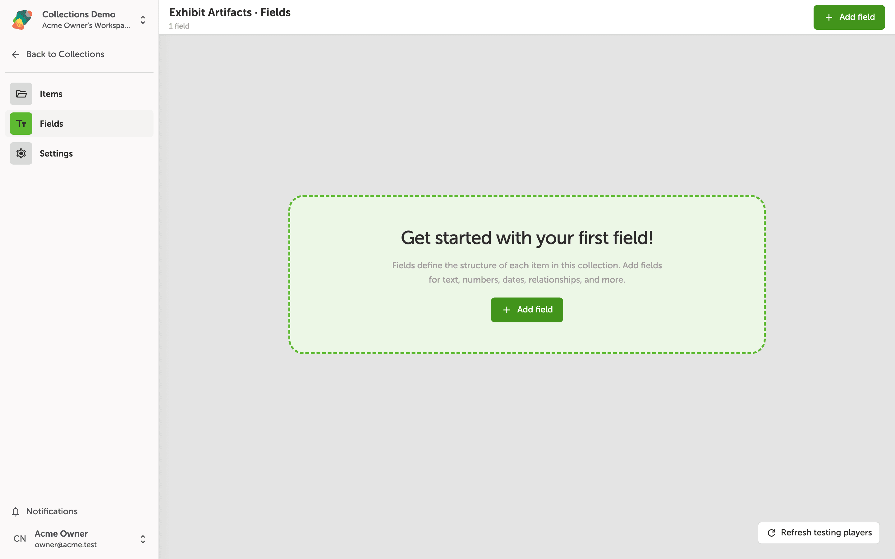 The Collection Fields tab showing a required Title field and an Add field button for creating custom fields in the collection schema