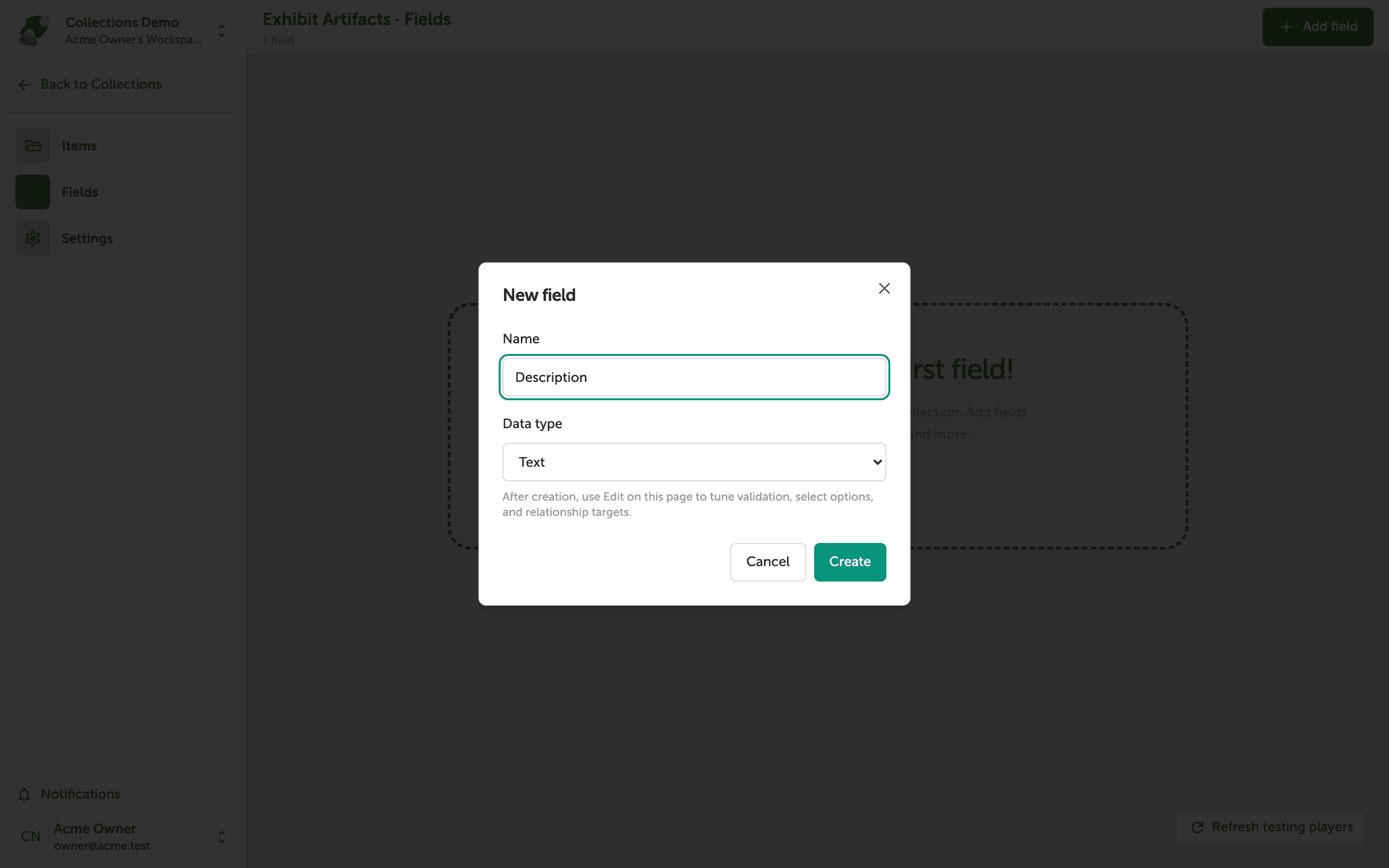 A dialog box titled 'New field' with a Name text input and a Data type selector, plus Cancel and Create buttons