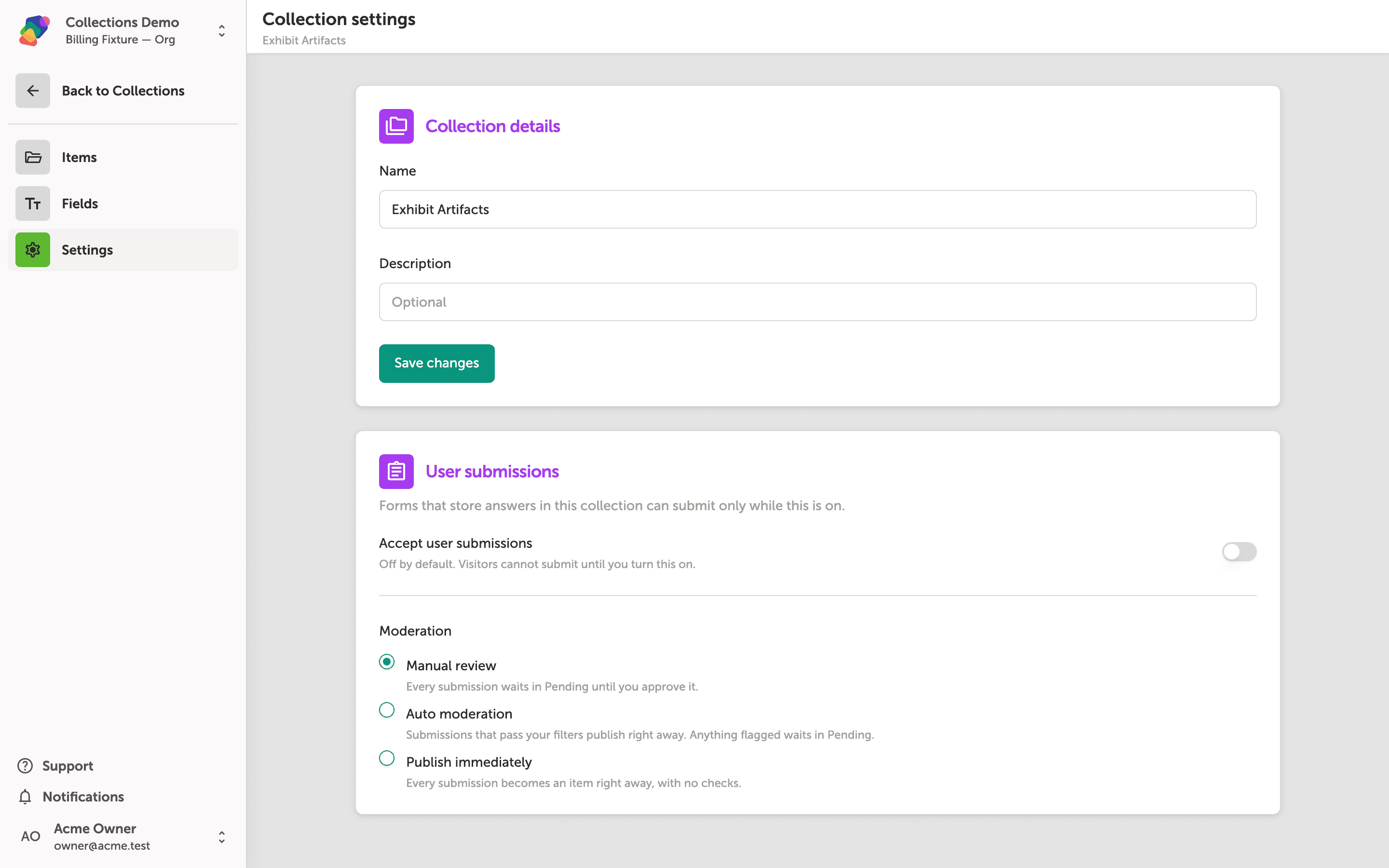 Collection settings with the User submissions section and the Accept user submissions switch.