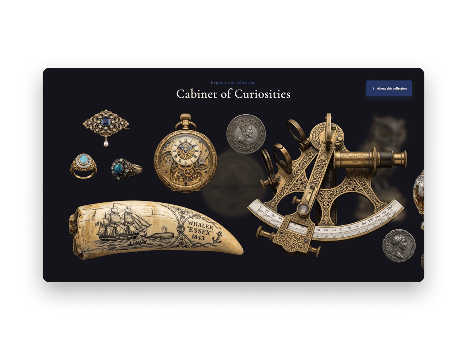 An interactive display of artifacts in a curio cabinet.