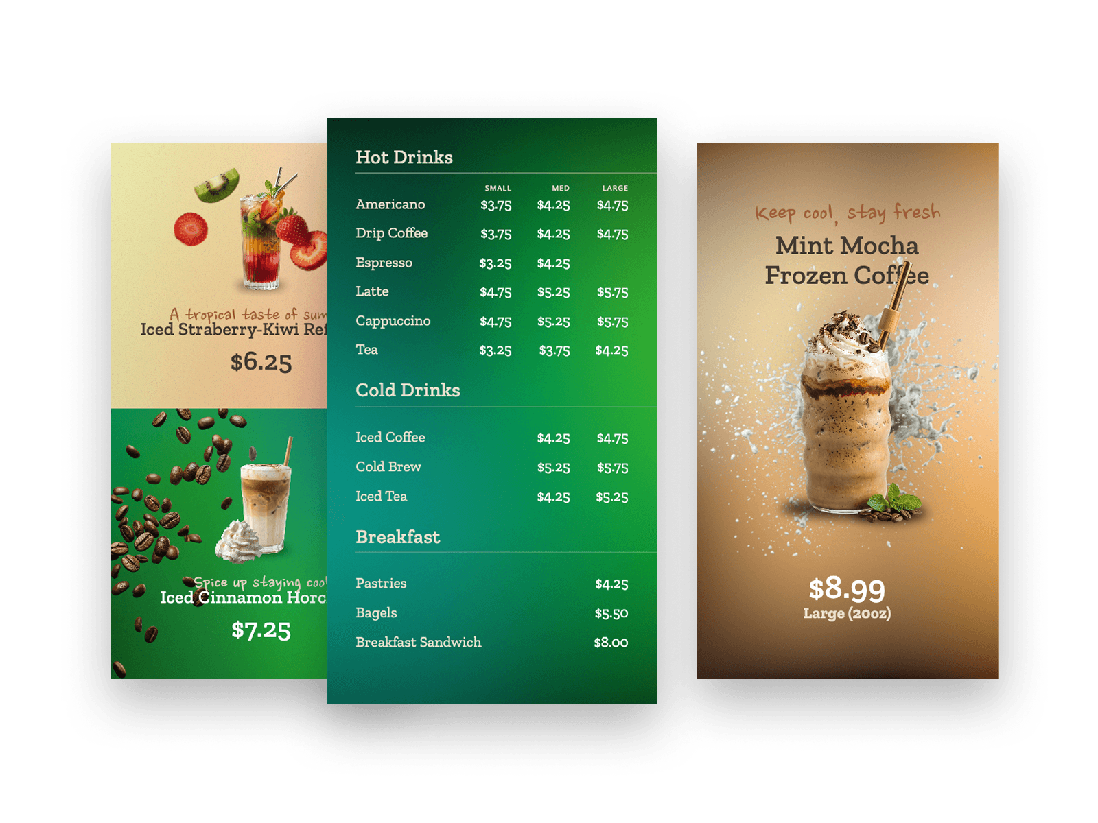 A menu pricing board with multiple screens and prices.